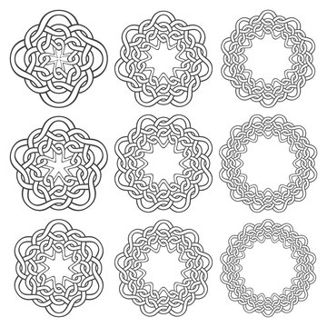 Set of magic knotting circles. Nine annular decorative elements with stripes braiding for your design.