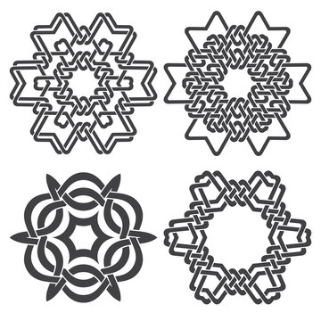 Knotting logo template set. 4 hexagonal decorative symbols with stripes braiding for your design.
