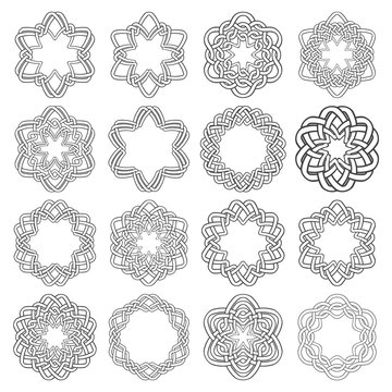 Set of magic knotting circles. Sixteen hexagonal decorative elements with stripes braiding for your logo or monogram frame design. Creative mandalas collection