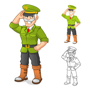 High Quality General Army Cartoon Character with Salute Hand Pose Include Flat Design and Outlined Version Vector Illustration