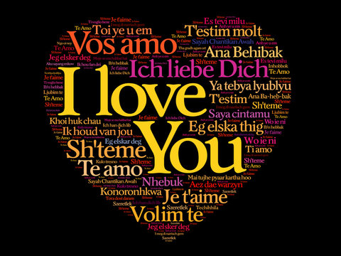 I Love You heart concept in all languages of the world, vector background