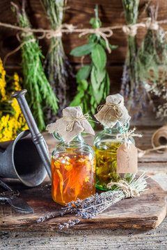 Homemade tincture in bottles as homemade cure