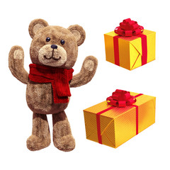 teddy bear toy, wrapped gift boxes, 3d illustration isolated on