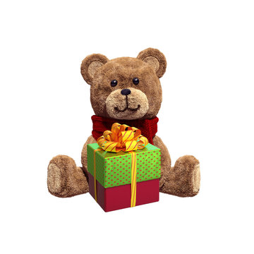 recommend clip art: toy teddy bear sitting, holding Christmas wrapped gift box, 3d i