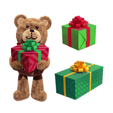 toy teddy bear, red green wrapped gift boxes, 3d illustration is