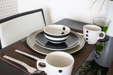 Close up table setting on wooden table