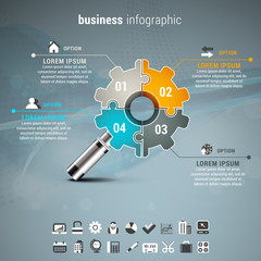 Business infographic made of magnifier and gear.