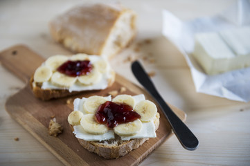 Bread, butter, jam and banana