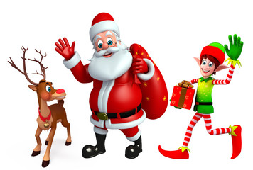 Santa claus with reindeer and elves