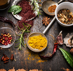 Herbs and spices selection with curry and staghorn sumac powder