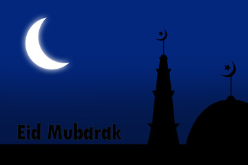 Silhouette of The Mosque and text Eid Mubarak