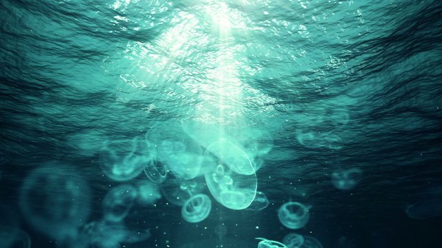 Underwater Sun Rays in the Ocean and Jellyfish (Loop)