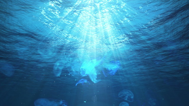 Underwater Sun Rays in the Ocean and Jellyfish (Loop)