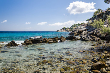 spiaggia con scogli e mare azzurro dell'isola d'Elba