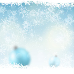 christmas background, blurred blue balls in snow, illustration