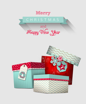 Christmas greeting card with colorful gift boxes, illustration