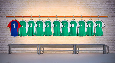 Row of Green and Blue Football Shirts hanging on Wall in Changing Room with Bench