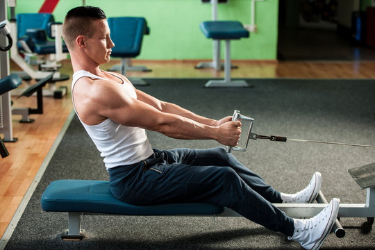 phisique fitness competitor works out in gym lifting dumbbells