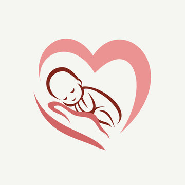 newborn baby lying on the hand symbol, childbirth and parenthood