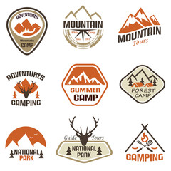 set of mountain and travel retro emblems and labels
