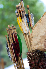 Close up of ancient wood arrows.