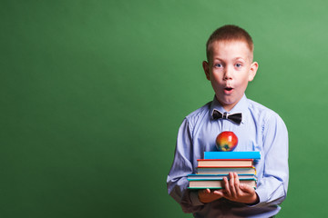 Happy little boy with books