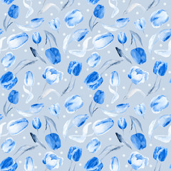 Seamless pattern of watercolor blue tulips.