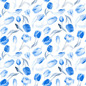 Seamless pattern of watercolor blue tulips.