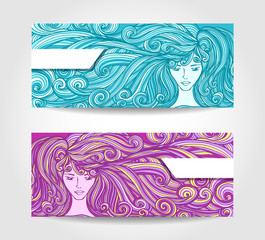 Set Beautiful Girl with long curly hair in cyan lilac