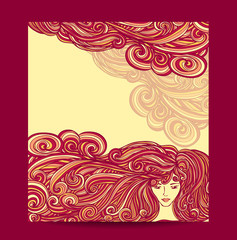 Template Flyer Beautiful Girl with long curly hair in red beige