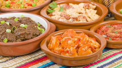 Tapas - Selection of latin dishes. Chorizo al vino, Higados de pollo, Chicken and chorizo, Tomates al ajillo, Arroz con pollo, Camarones enchilhados, Patatas a ala riojana and Stuffed mushrooms.
