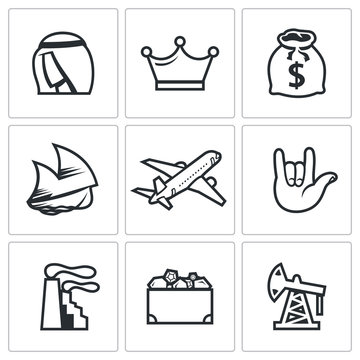 The wealth of Arab sheikhs icons set. Vector Illustration.