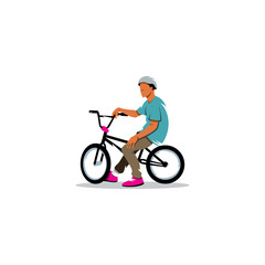 Fototapeta premium Young man rides sitting on a BMX Bike sign. Vector Illustration.