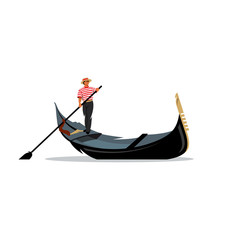Venice gondola, gondolier rowing oar sign. Vector Illustration. - obrazy, fototapety, plakaty