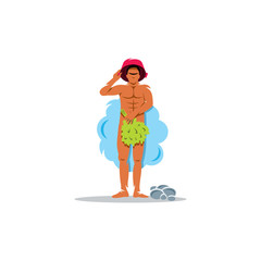 Man is steamed in the sauna with birch broom and basin. Vector