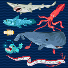 Illustration Of Fish Of The Deep Blue Sea Collection Set
Contains sperm whale, oarfish, coelacanth, giant isopod, goblin shark, colossal squid, anglerfish
