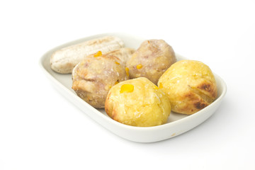 Toast sweet potato ball, taro ball and banana in thai style isolated on white background (Toast or roast or grill food may cause cancer)