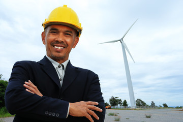Portrait of happiness Asian engineerig at wind turbine site