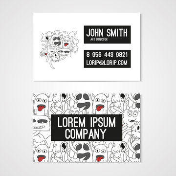 Business card template whit funny doodle monstes. Corporate