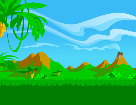 Tropical jungle.Vector illustration of the green jungle, with the the hills and a volcano, with a blue sky and clouds in the background. Empty space leaves room for design elements or text.