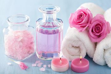spa aromatherapy with rose flowers perfume and herbal salt