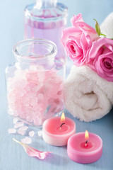 spa aromatherapy with rose flowers perfume and herbal salt