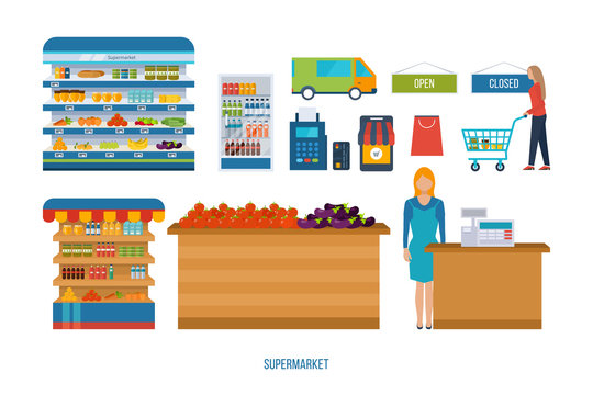 Supermarket Store Concept With Food Assortment, Opening Hours