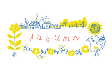 Obraz premium Autumn frame design with farm and flowers