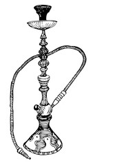 Shisha with Pipe isolated on grey background. Sketch. Hookah. Hand drawn -Vector illustration.