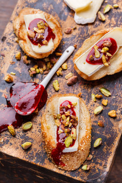 Bruschetta With Brie Cheese And Raspberry Jam.selective Focus