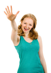 Portrait of happy smiling woman showing five fingers