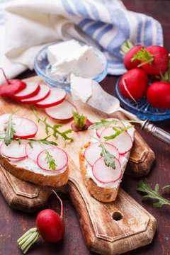 Bruschetta with radishes, feta cheese and arugula.selective focus