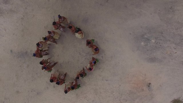 Aerial View of Indian tribe ritual in Amazon, Brazil
