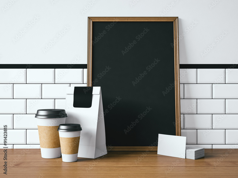 Poster black poster on table with blank white elements. 3d rendering